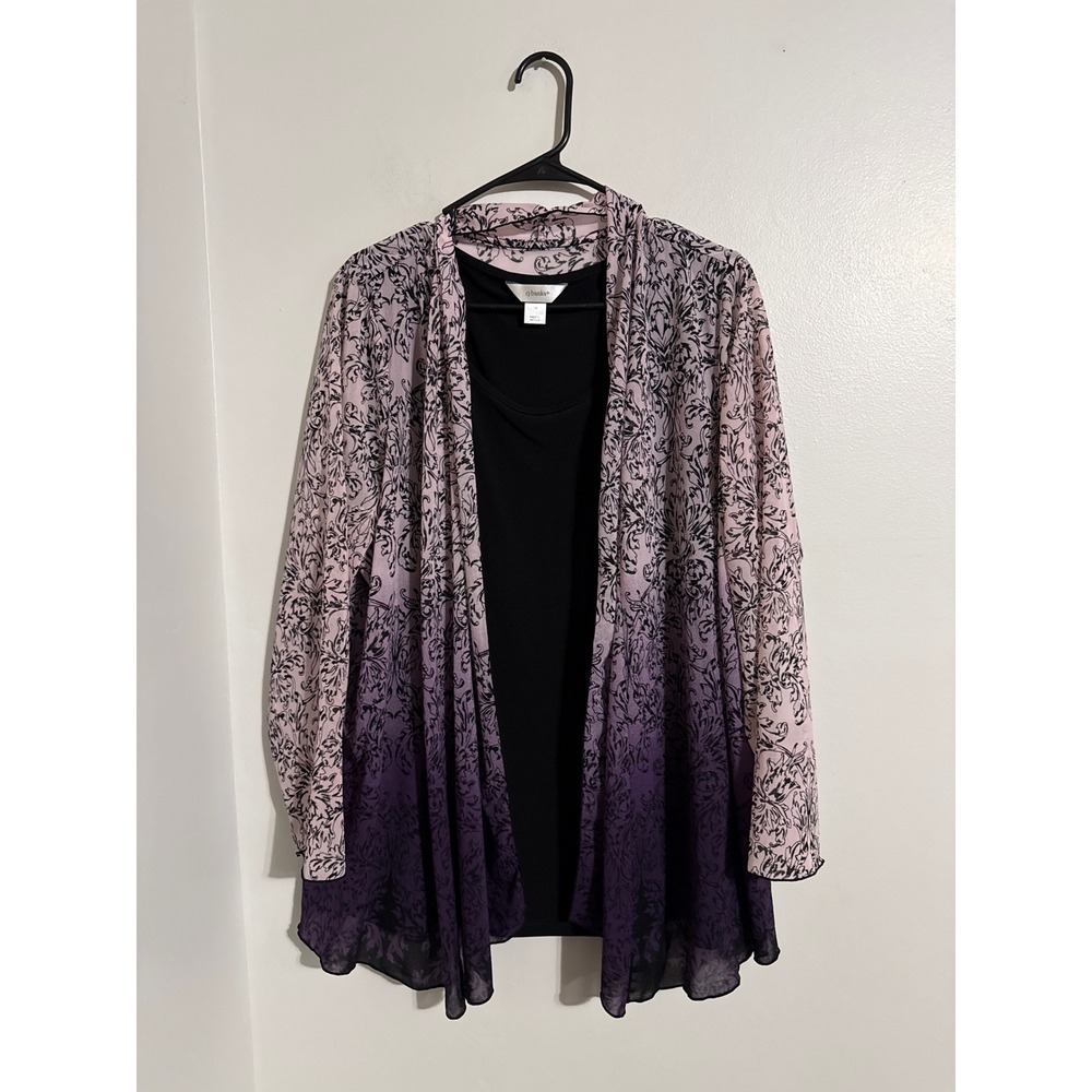 CJ Banks Womens 1X 2 Piece Set Ombre Damask Cardigan and Tank Purple Pink Black